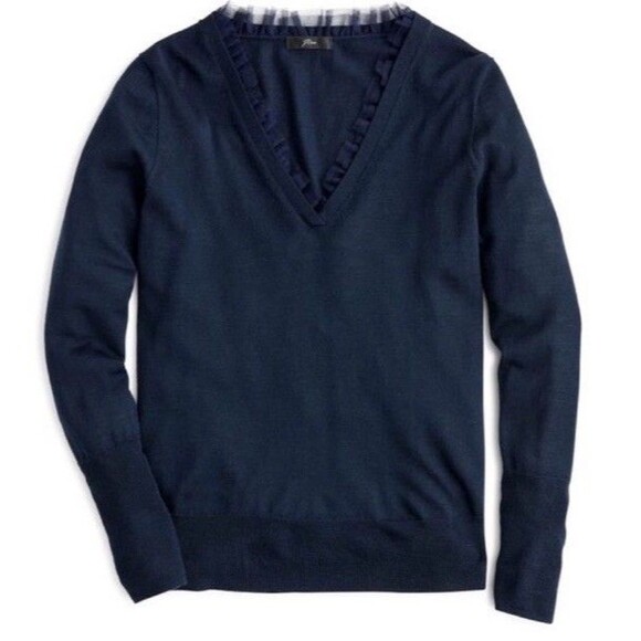 J.Crew M Merino Wool V-Neck ruffle long sleeves pullover Sweater - Picture 2 of 12